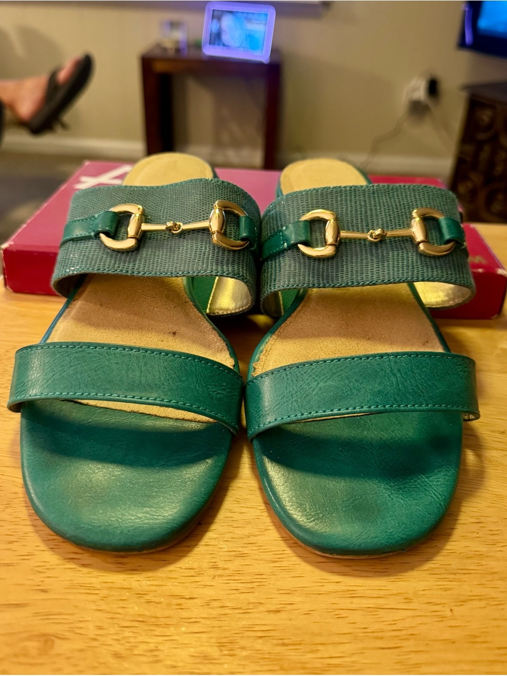 A2 By Aerosoles Teal Slide Sandals with Gold Bit Trim